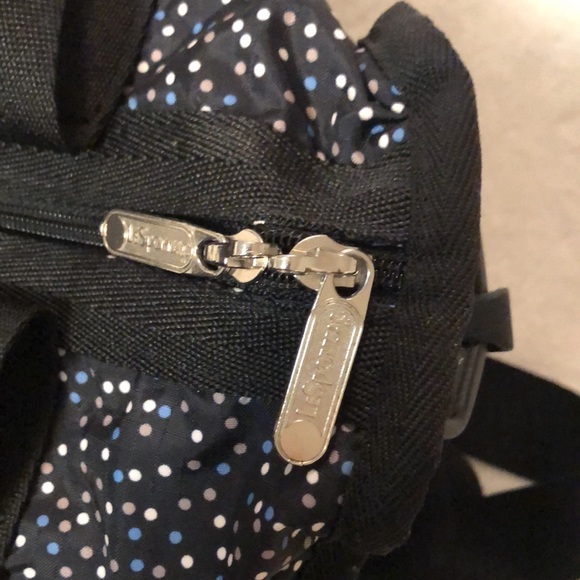 LeSportsac polka dot black zipper cross body bag w lt blue, white, and tan dots - Picture 13 of 14